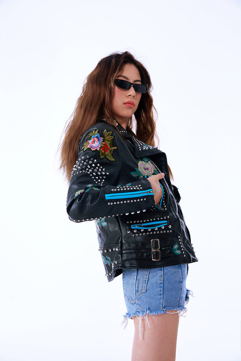 Women's Faux Leather PU Jacket, Graffiti Studded Rivet Punk Biker