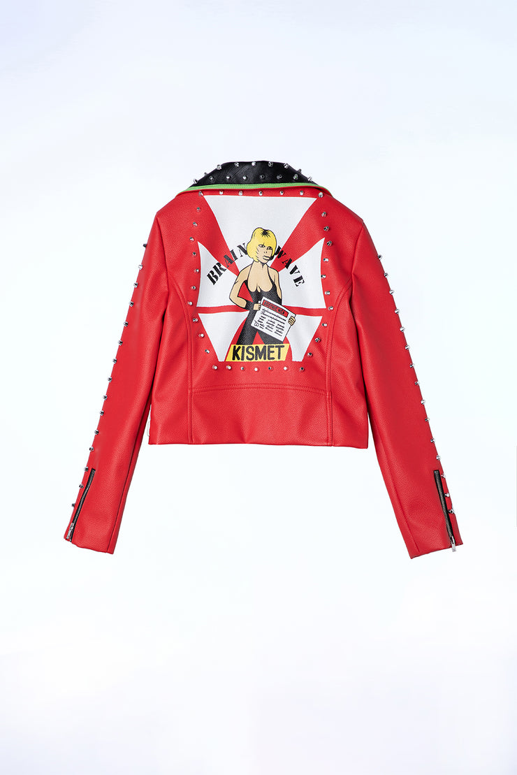 Red Studded Faux Leather Vegan PU Jacket - CRACKER