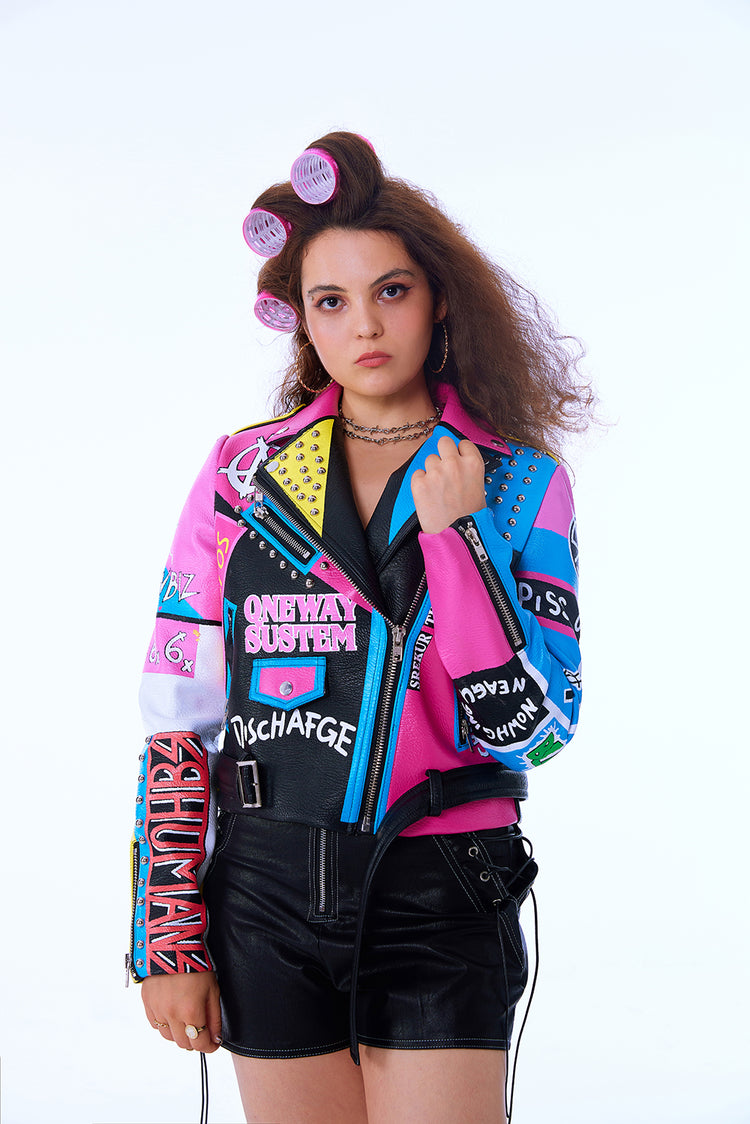 Women's Faux Leather PU Jacket, Graffiti Studded Rivet Punk