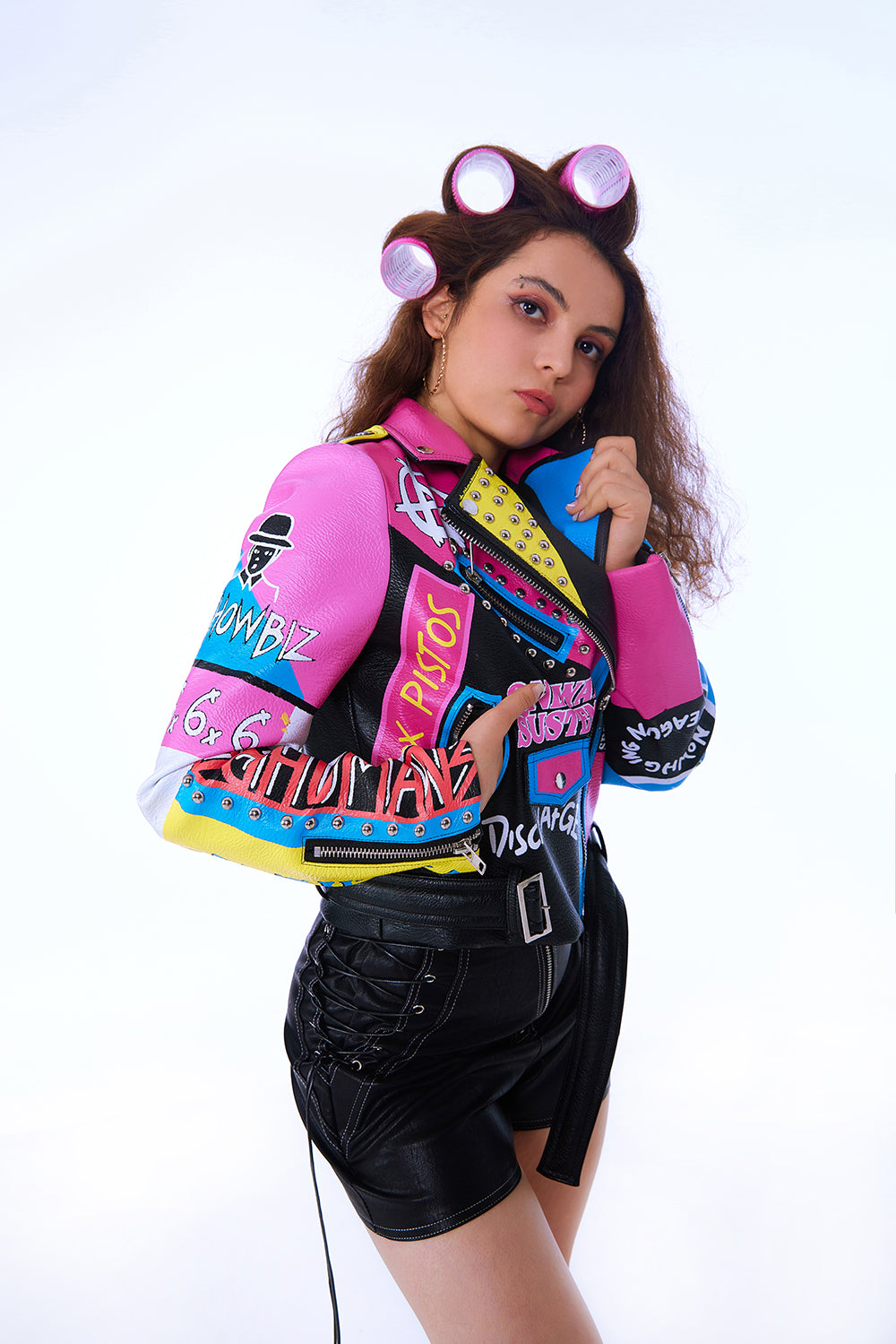 Women's Faux Leather PU Jacket, Graffiti Studded Rivet Punk Biker