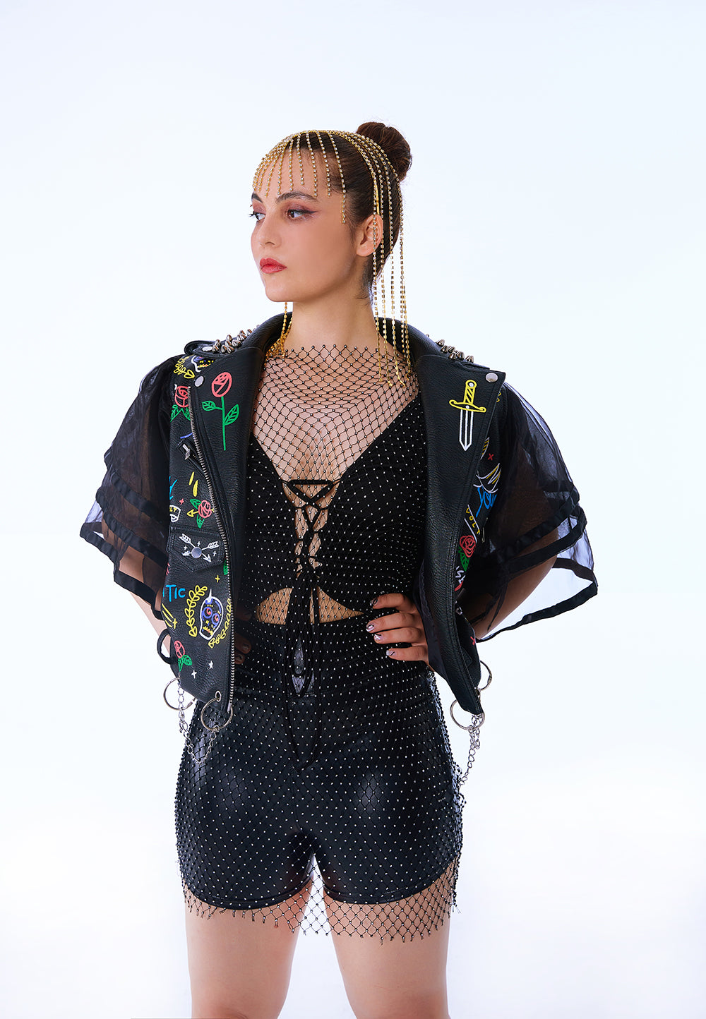Women's Faux Leather PU Jacket, Graffiti Studded Rivet Punk