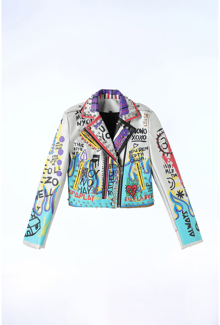 Women's Faux Leather PU Jacket, Graffiti Studded Rivet Punk