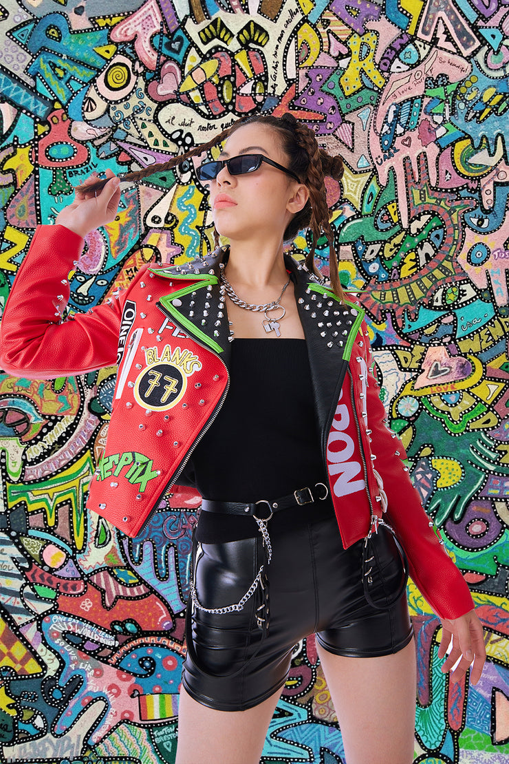 Red Studded Faux Leather Vegan PU Jacket - CRACKER