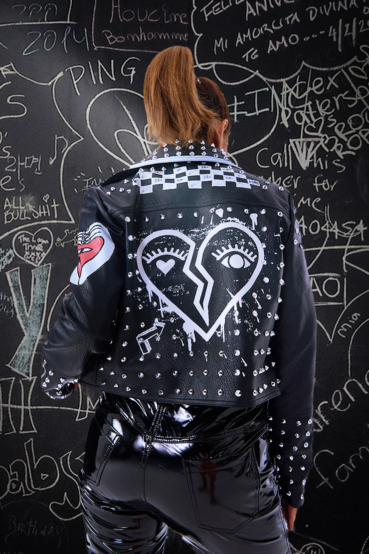 Graffiti Art Printed Womens Biker Faux Leather Rivet Jacket 